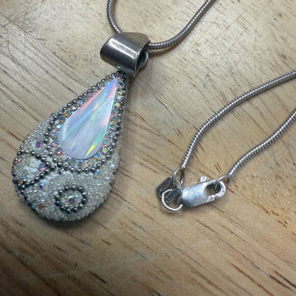 Sterling Silver Necklace With Teardrop Iridescent Pendant & Intricate Beaded - Picture 8 of 9